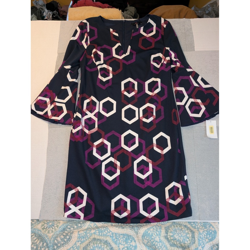 NWT Trina Turk Geometric Print Bell Sleeve Sheath Dress Navy Purple Size M